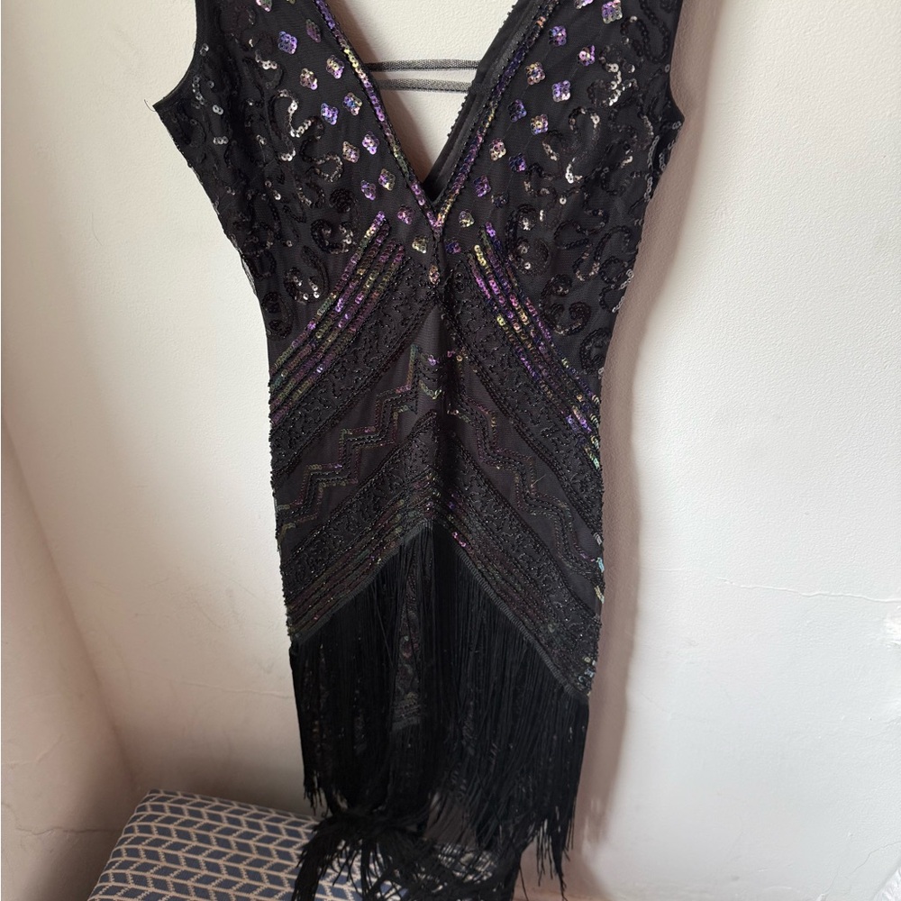 Black One-Shoulder Beaded Fringe Evening Dress